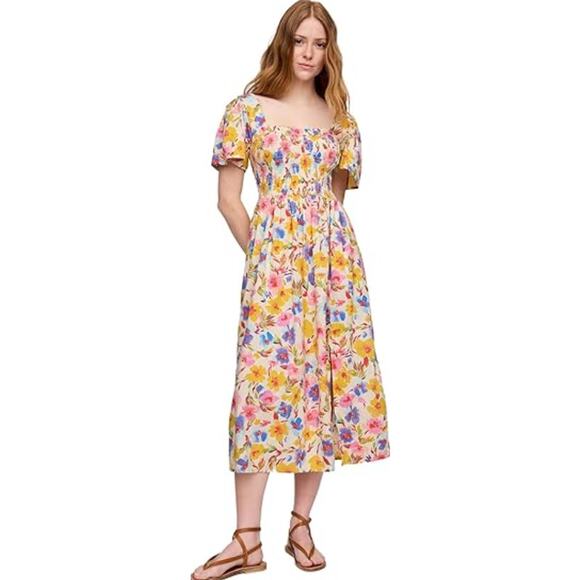 Gap Smocked Maxi Dress Women’s Large Square Neck Floral Multi Boho Summer Beach - Picture 2 of 7